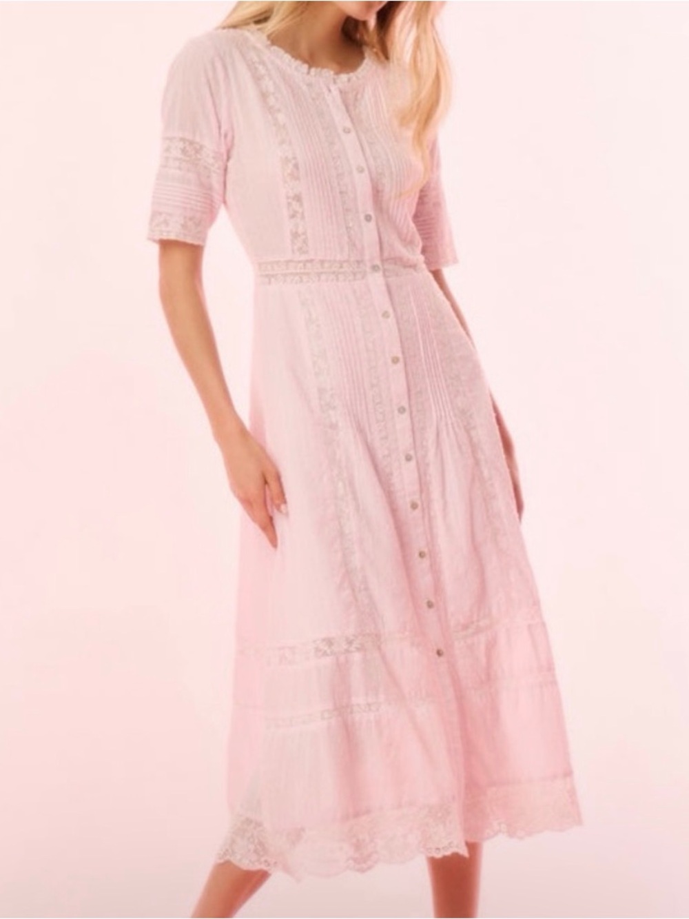 Love shack fancy Pink Button-Front Lace Trim Midi Dress